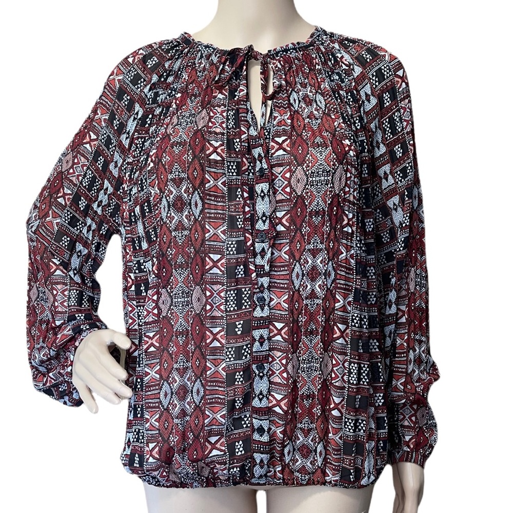 BB DAKOTA sheer tie neck blouse red white black M